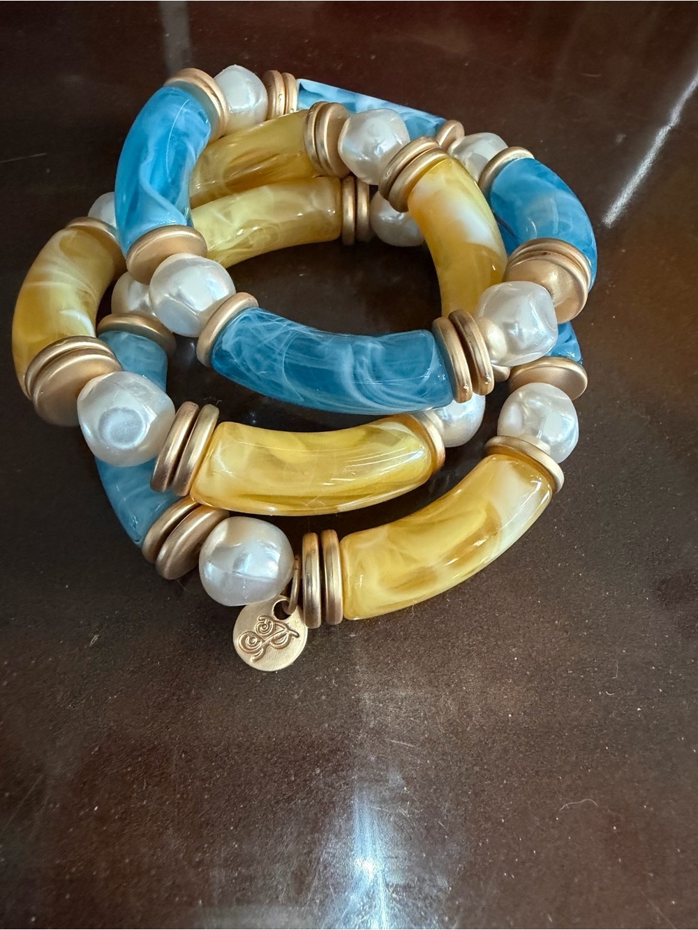 Blue and Yellow Beaded Stretch Bracelet Set, Pearl Gold Accents. Plunder- pick 3